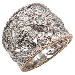 Art Deco Style Handcrafted White Modern Round Cut Diamond Yellow Gold Band Ring