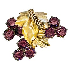 Purple Grape Brooch, Gold Leaves and Curled Vine, 1910s