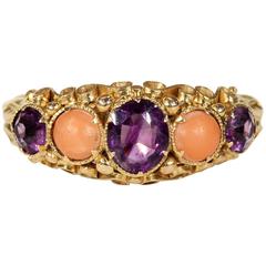 Antique Victorian Coral Amethyst Gold Ring 