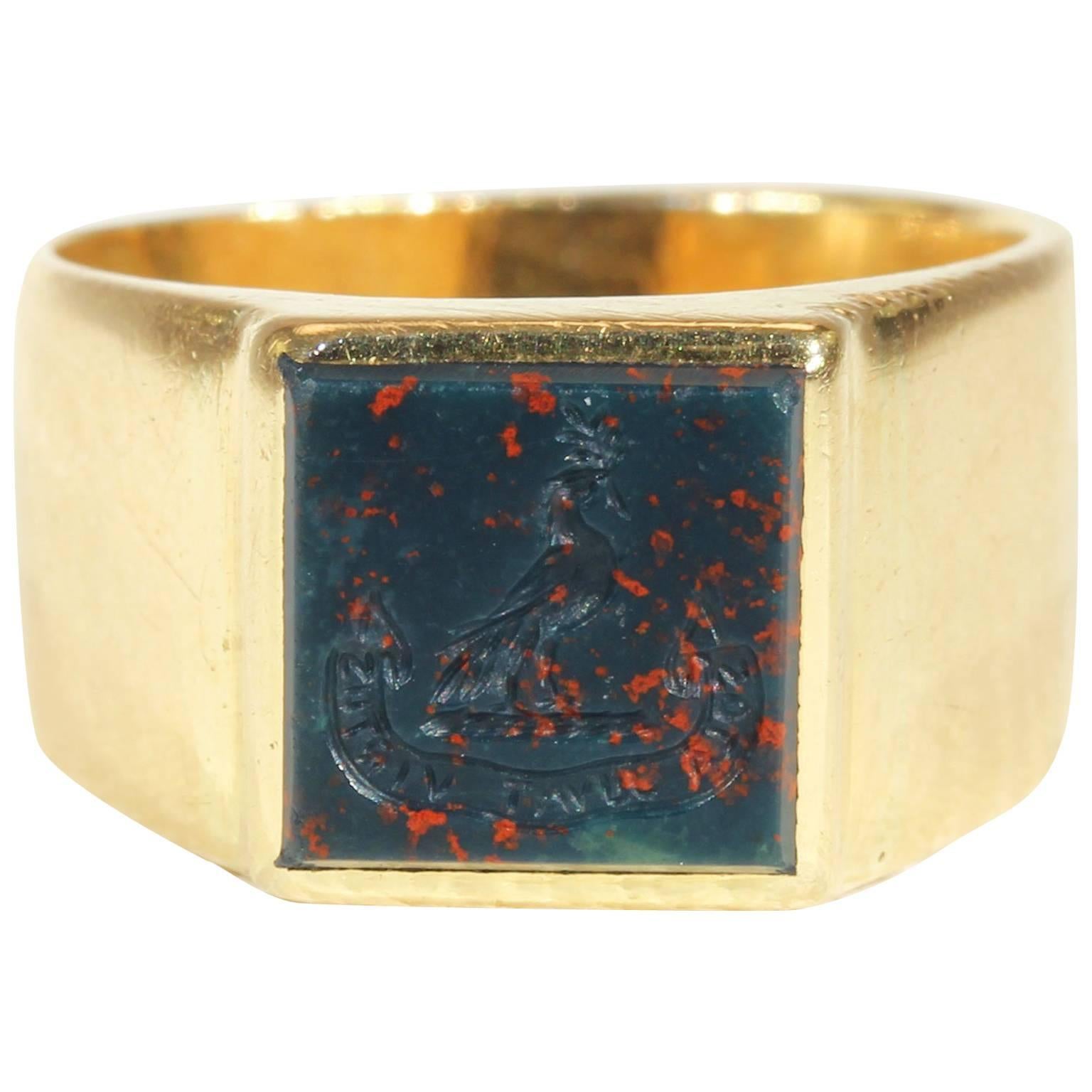 Antique Fascinating Scottish Victorian Bloodstone  Intaglio Gold Signet Ring For Sale