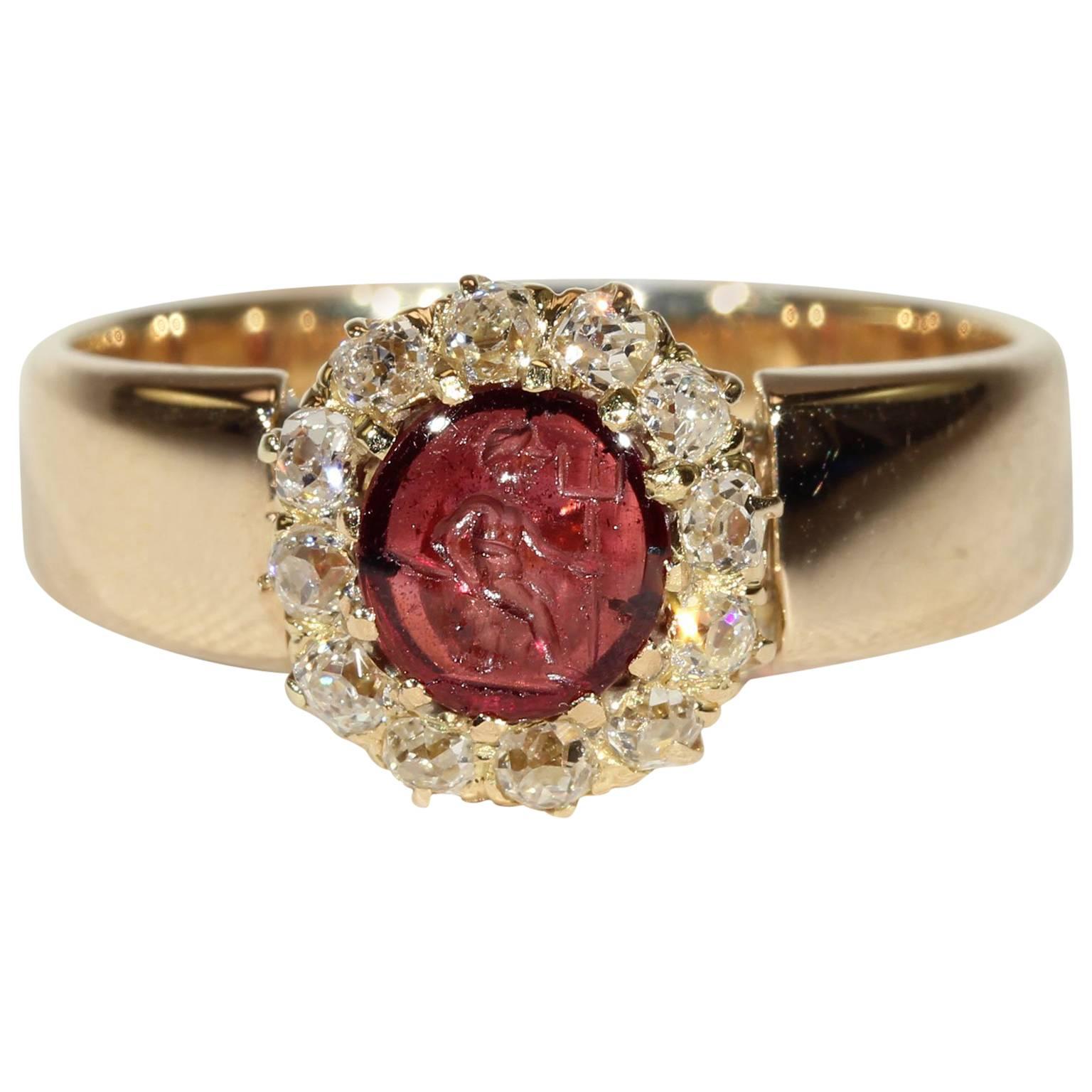 Victorian Intaglio Garnet Diamond Cluster Ring Gold For Sale