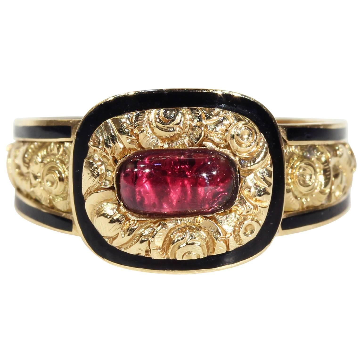 Georgian Garnet Black Enamel Gold Memorial Ring For Sale