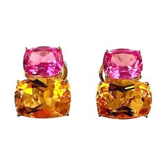 Yellow Gold Double Cushion Earrings with Pink Topaz and Orange Citrine