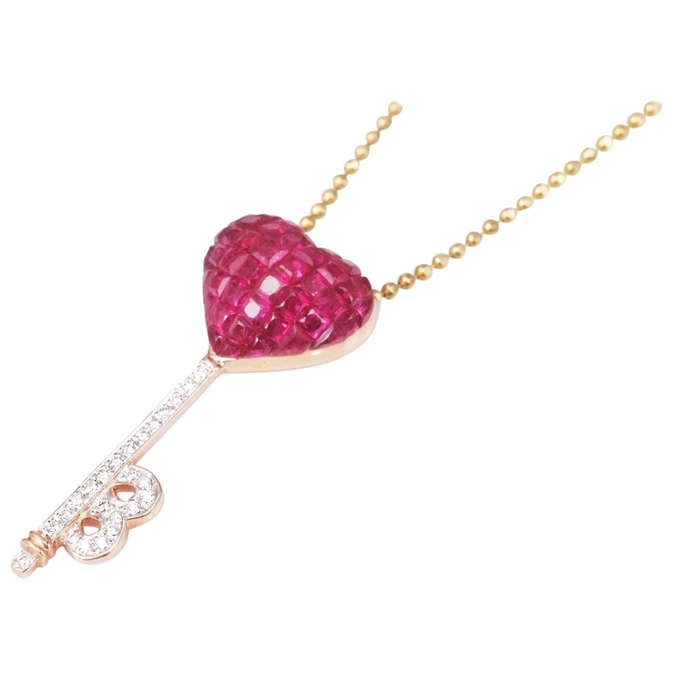 Ruby Diamond Gold Heart Key Pendant Necklace