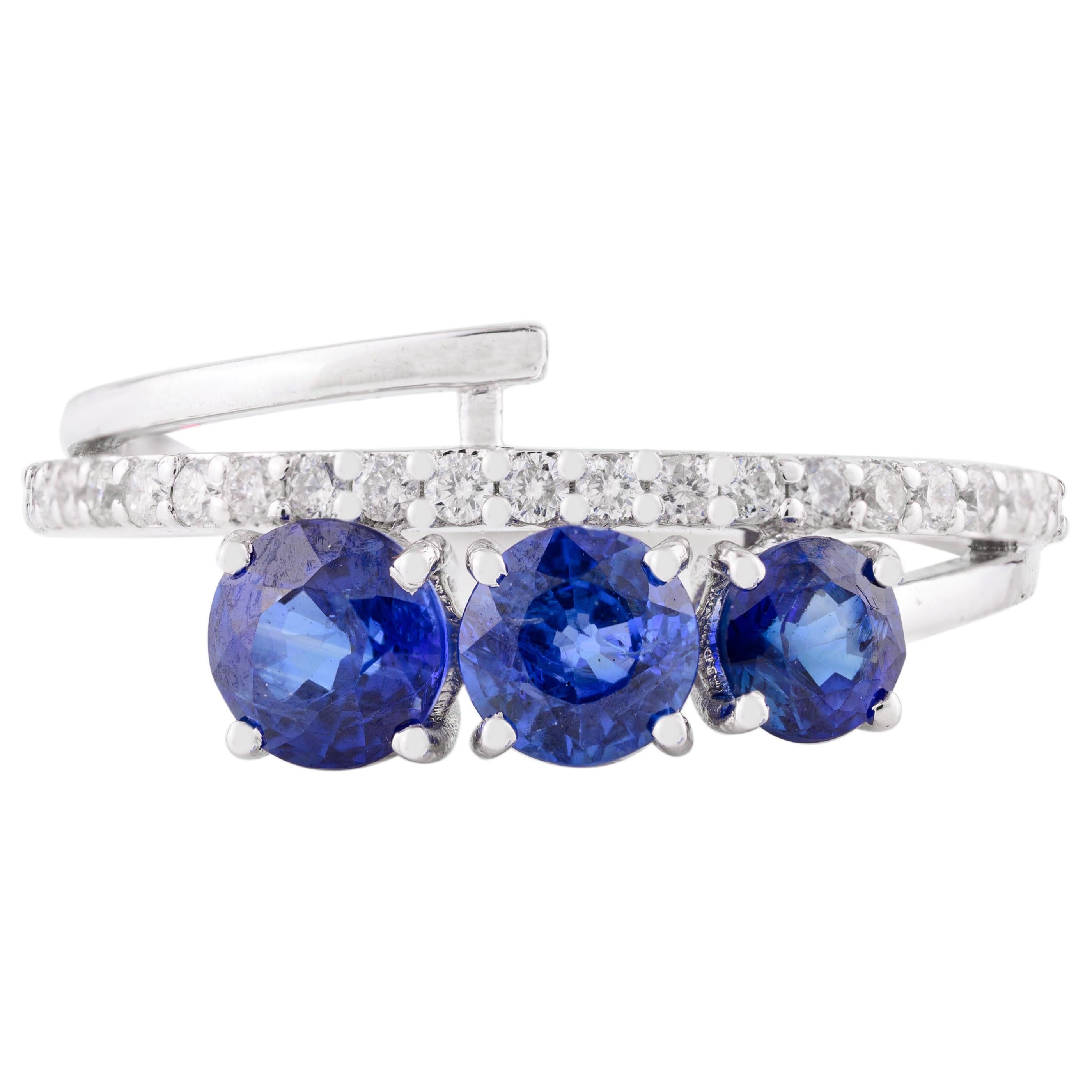 Natural Blue Sapphire Diamond Three Stone Wedding Ring in 18k Solid White Gold