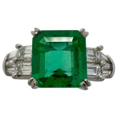 1.76ct Fine Green Colombian Square Emerald & Baguette Diamond Platinum Ring