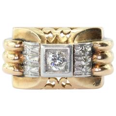 French Art Deco Transition Cut Diamond Gold Platinum Tank Ring 3