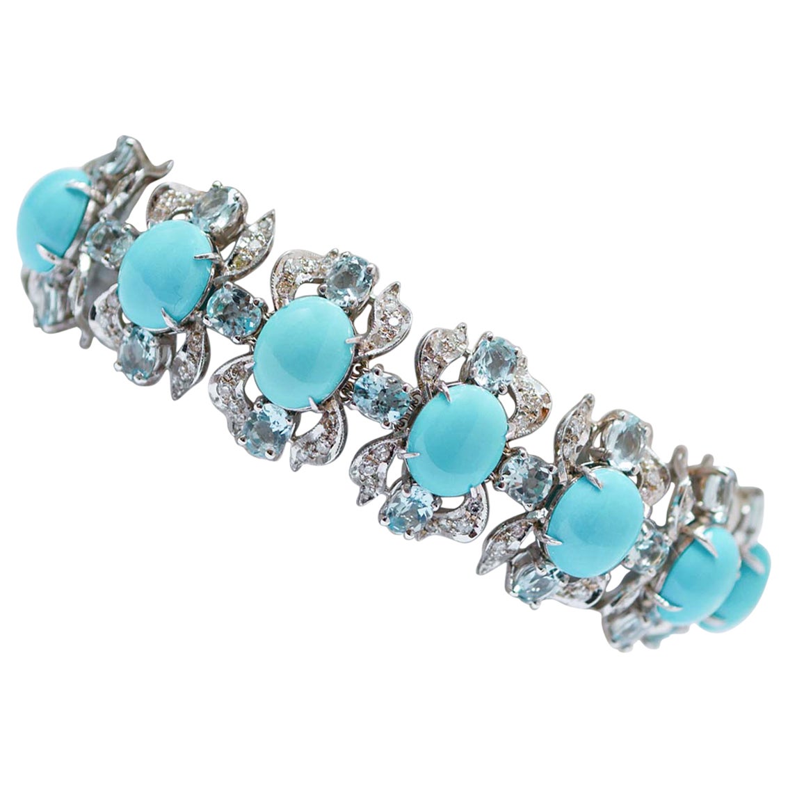 Turquoise, Aquamarine, Diamonds, 14 Karat White Gold Bracelet. For Sale