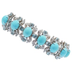 Turquoise, Aquamarine, Diamonds, 14 Karat White Gold Bracelet.