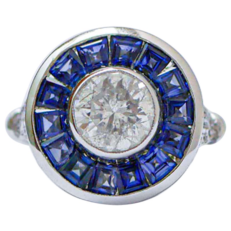 2.02 Carat Central  Diamond, Sapphires, Diamonds, 14 Karat White Gold Ring.