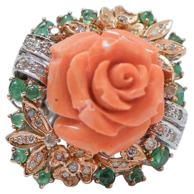 Coral, Emeralds, Diamonds, 14 Karat White Gold Ring.