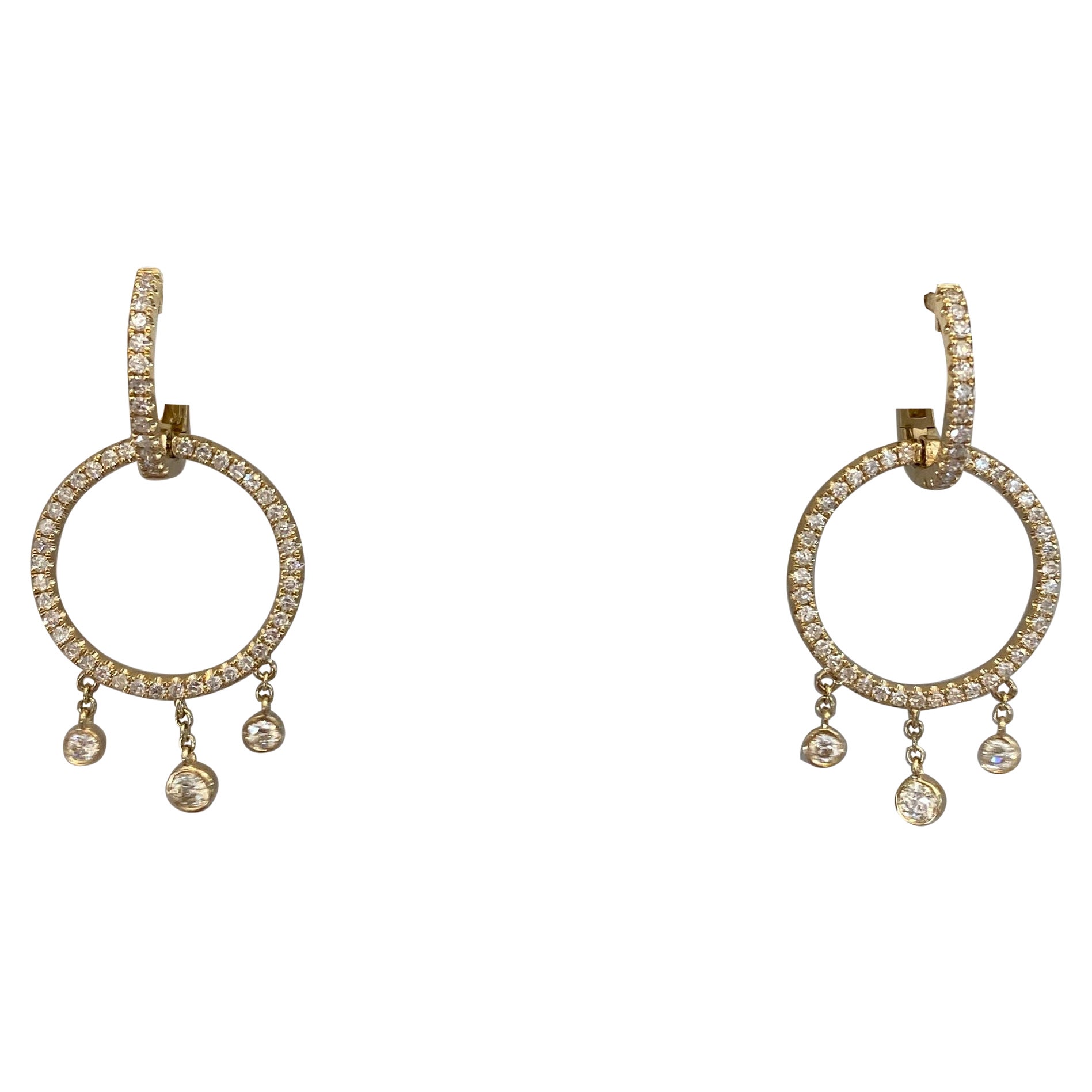 Circle Diamond Drop Huggie Hoops 14K Gold 0.94 Carats