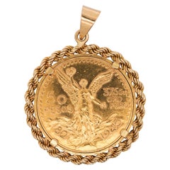 22K Gold 50 Peso Mexican Coin and 18K Gold Rope Frame Pendant