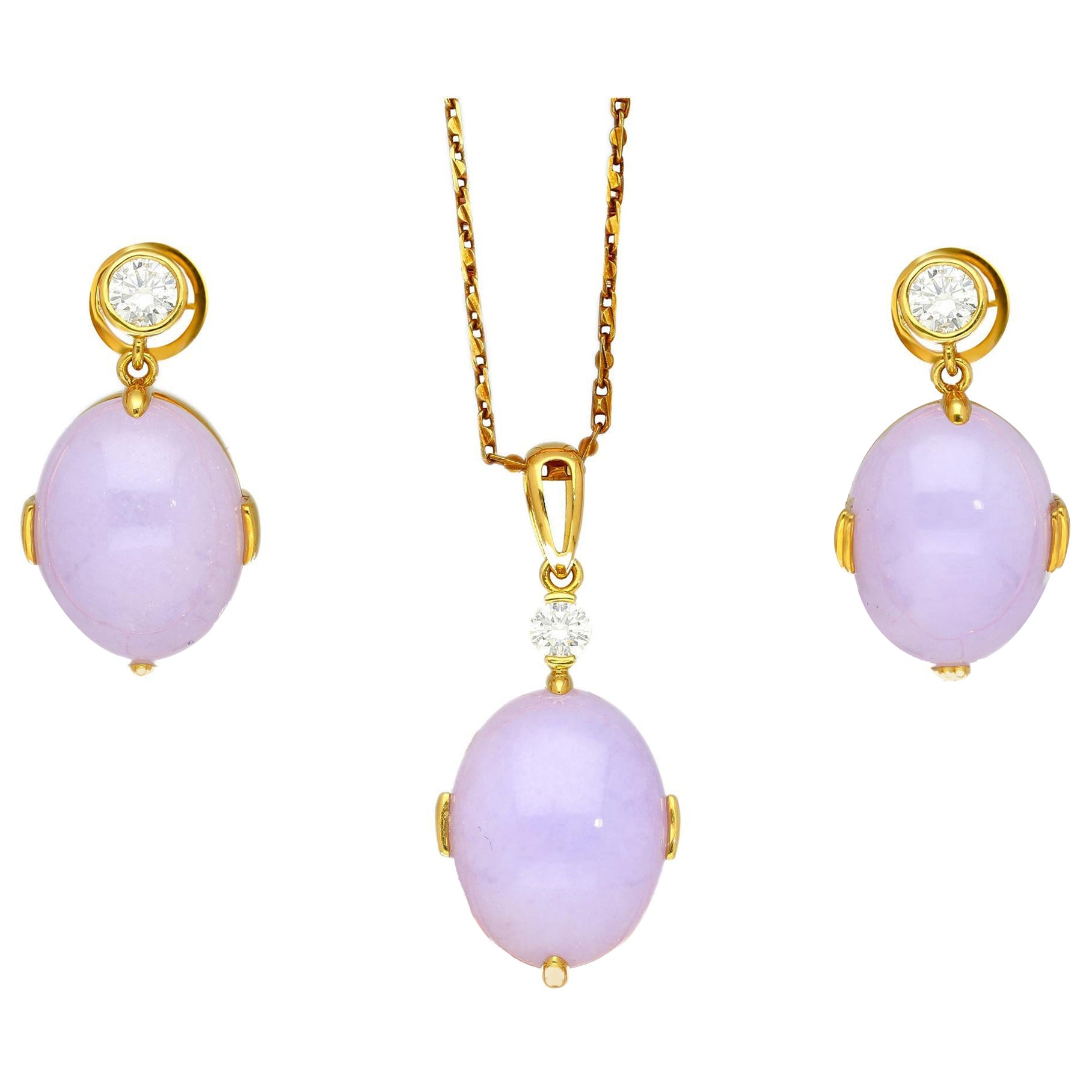 86.44 Carat Purple Jadeite Jade and Diamond Gold Necklace and Earrings Set