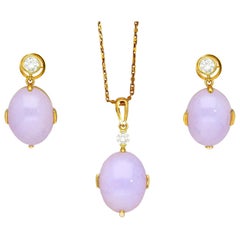 86.44 Carat Purple Jadeite Jade and Diamond Gold Necklace and Earrings Set