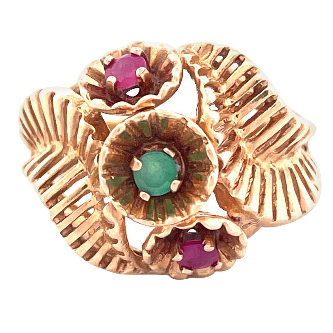 Vintage 14k Yellow Gold Ruby and Emerald Ring