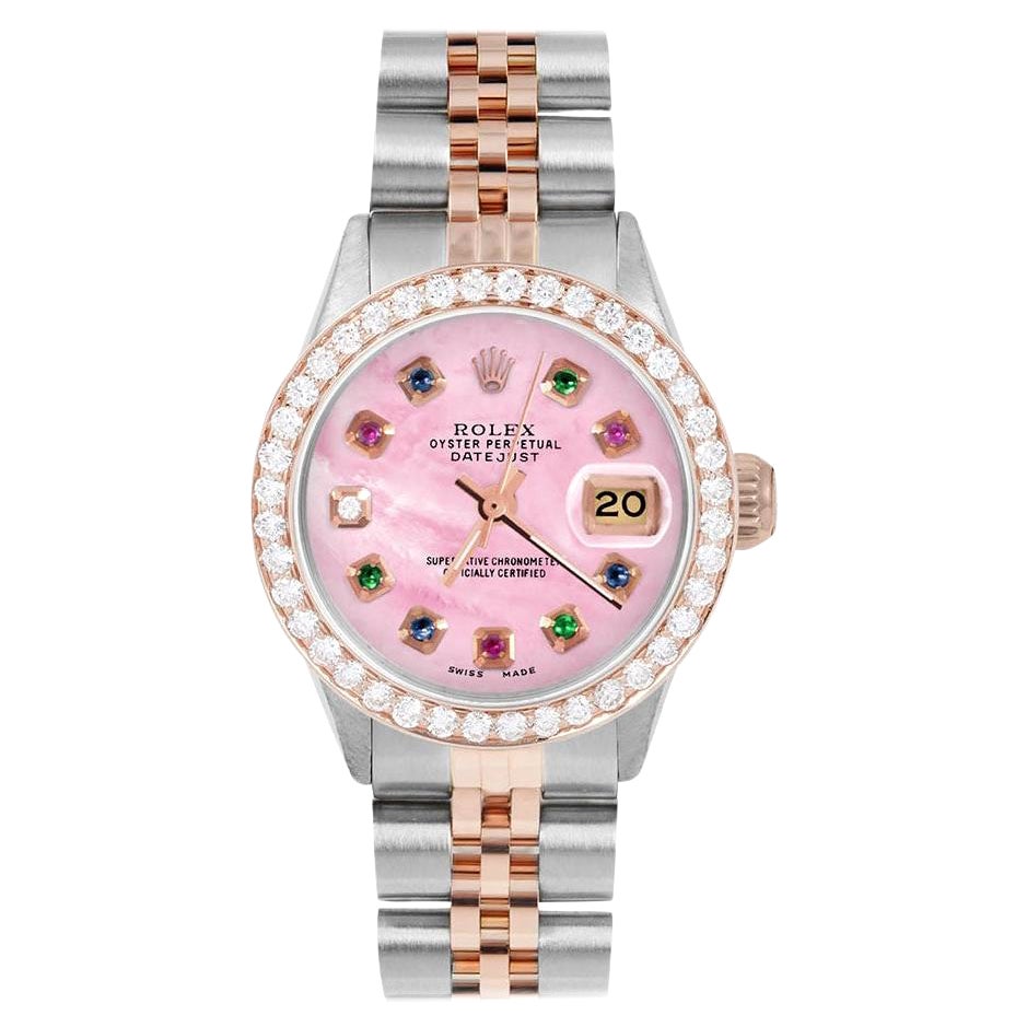 Rolex Montre Datejust rose avec cadran arc-en-ciel MOP et lunette en diamants pour femmes en vente