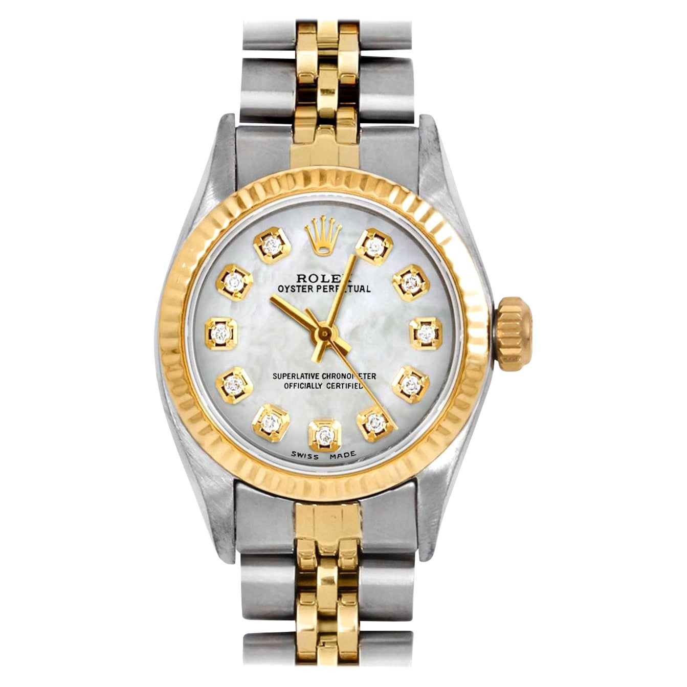 Rolex Donna TT Oyster Perpetual MOP Quadrante di diamanti Lunetta scanalata Orologio del Giubileo