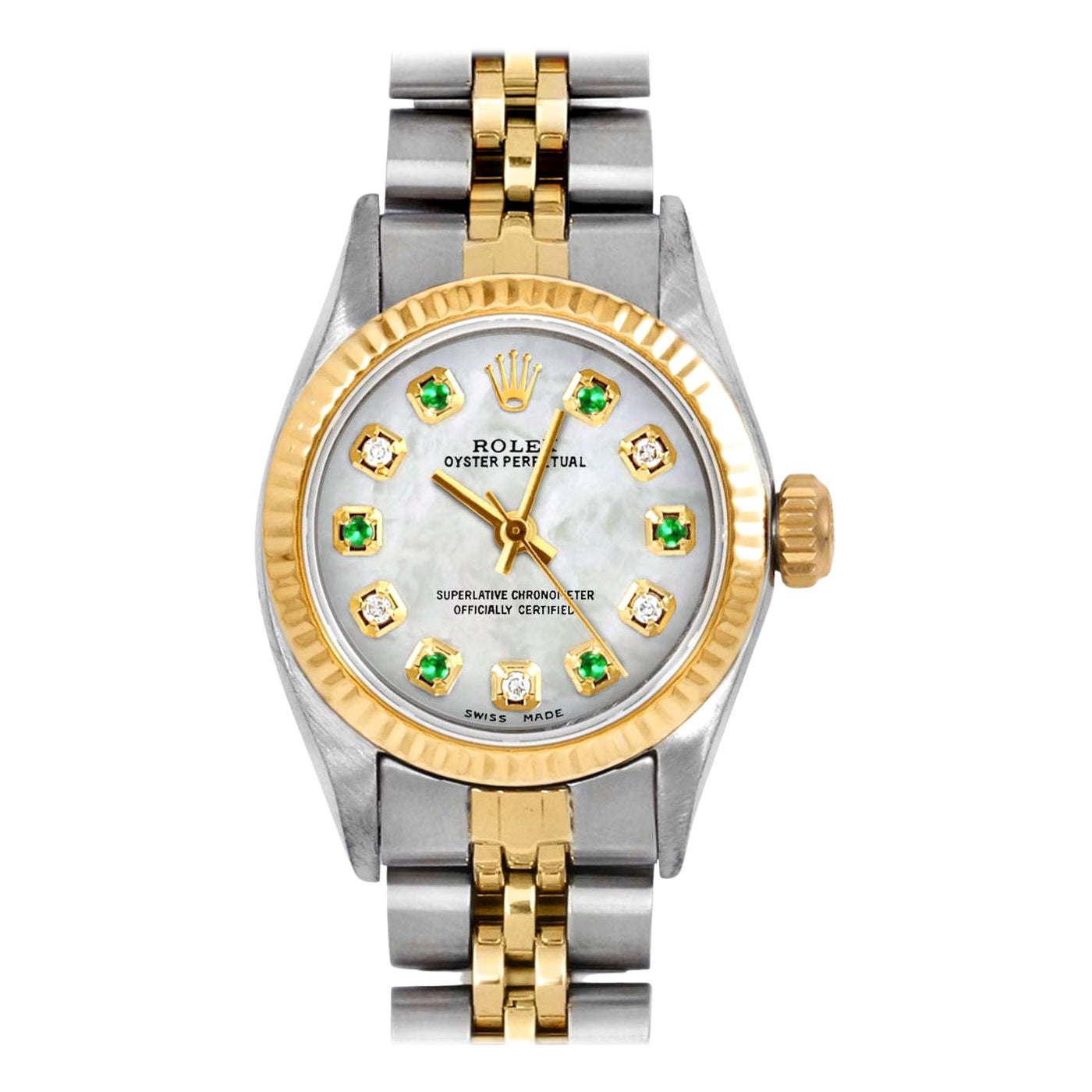Rolex Montre Oyster Perpetual pour femmes avec cadran en émeraude, nacre et diamant