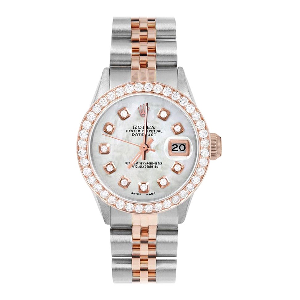 Reloj Rolex Datejust MOP de oro rosa para señora con esfera de diamantes y bisel de diamantes