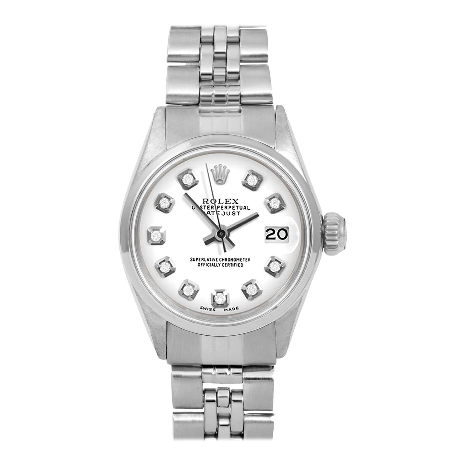 Rolex Ladies SS Datejust White Diamond Dial Smooth Bezel Jubilee Band Watch For Sale