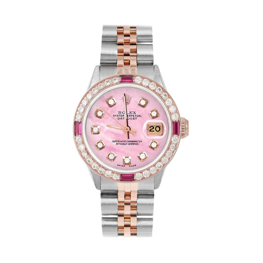 Rolex Montre Datejust rose avec cadran MOP en diamants et lunette en rubis et diamants pour femmes