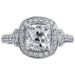 1.81 Carat Old Mine Antique Cushion Cut Diamond Platinum Engagement Ring 4