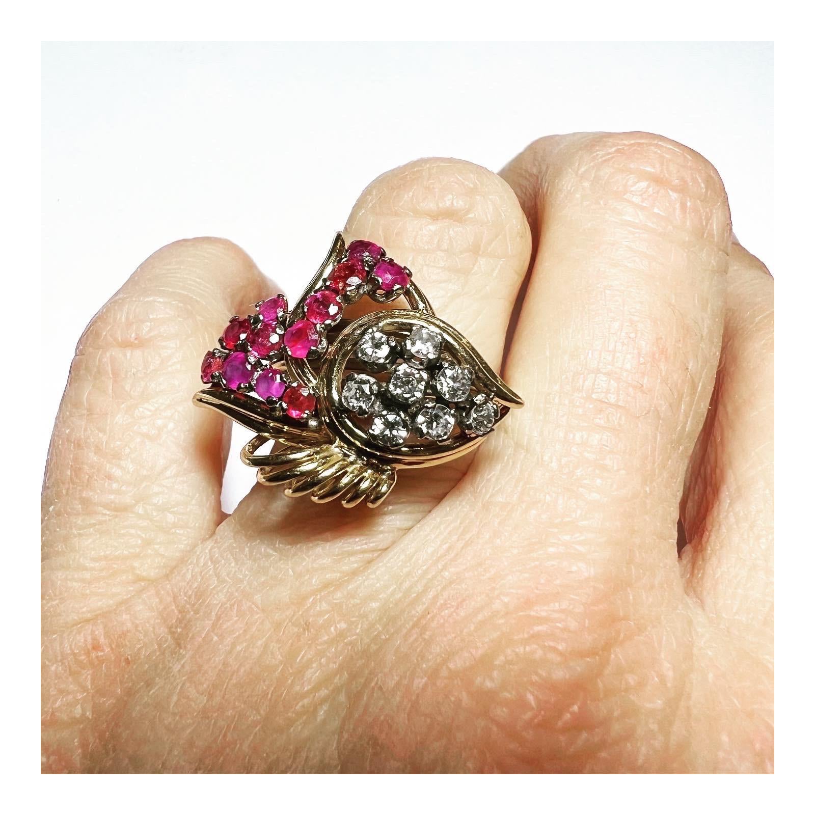 1940s Retro Diamond Rubies 18K Yellow White Gold Tank Cocktail Ring