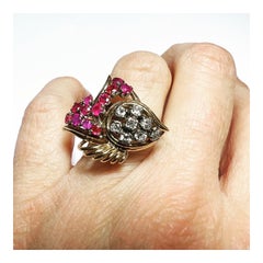 1940s Retro Diamond Rubies 18K Yellow White Gold Tank Cocktail Ring