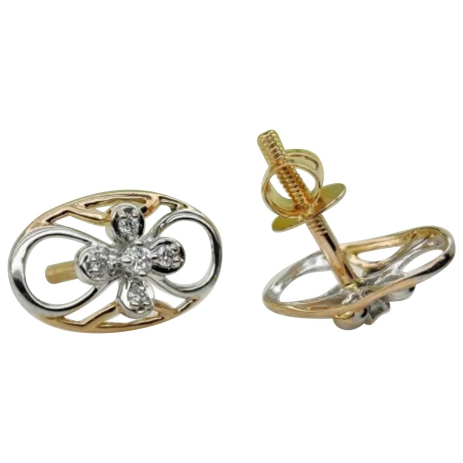 14k Solid Gold Flower Stud Earring Natural Diamond Floral Gold Earring Jewelry For Sale
