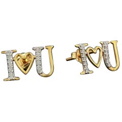 14K Solid Gold I Love U Sign Stud Earring Handmade Diamond Earring For Women.