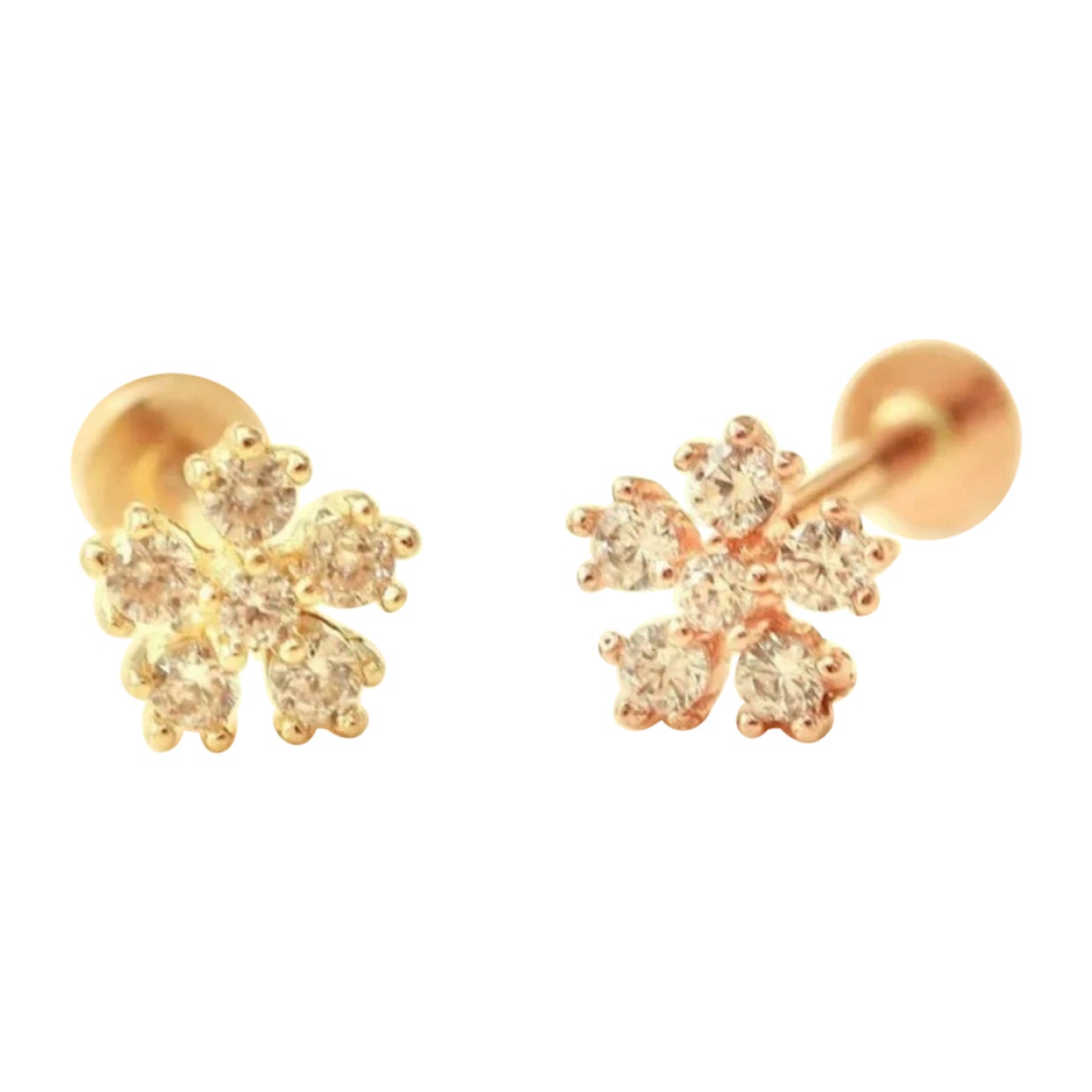 14K Solid Gold Genuine Diamond Snowflake Cartilage Flower Ear Stud Piercing Gift