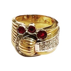 1940s Retro Diamond Rubies 18K Yellow White Gold Tank Cocktail Ring