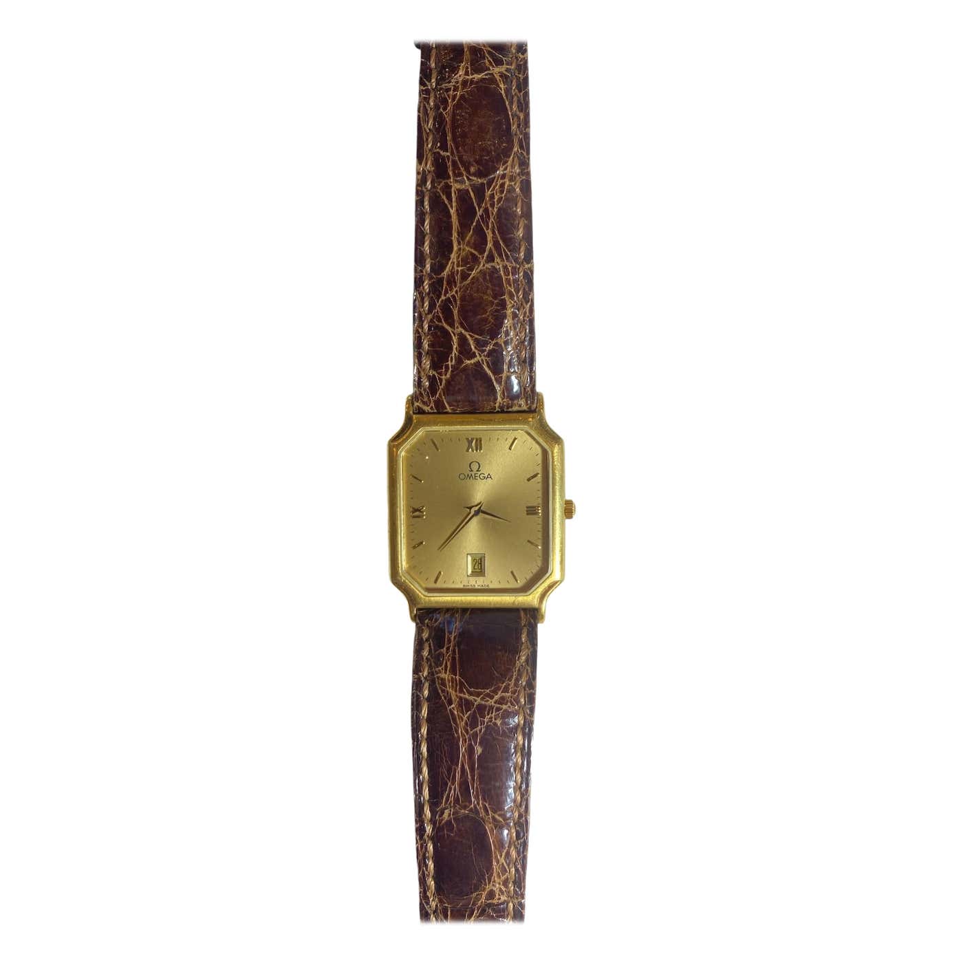 Vintage Omega Gold-Plated Rectangular Watch with Brown Leather Strap ...