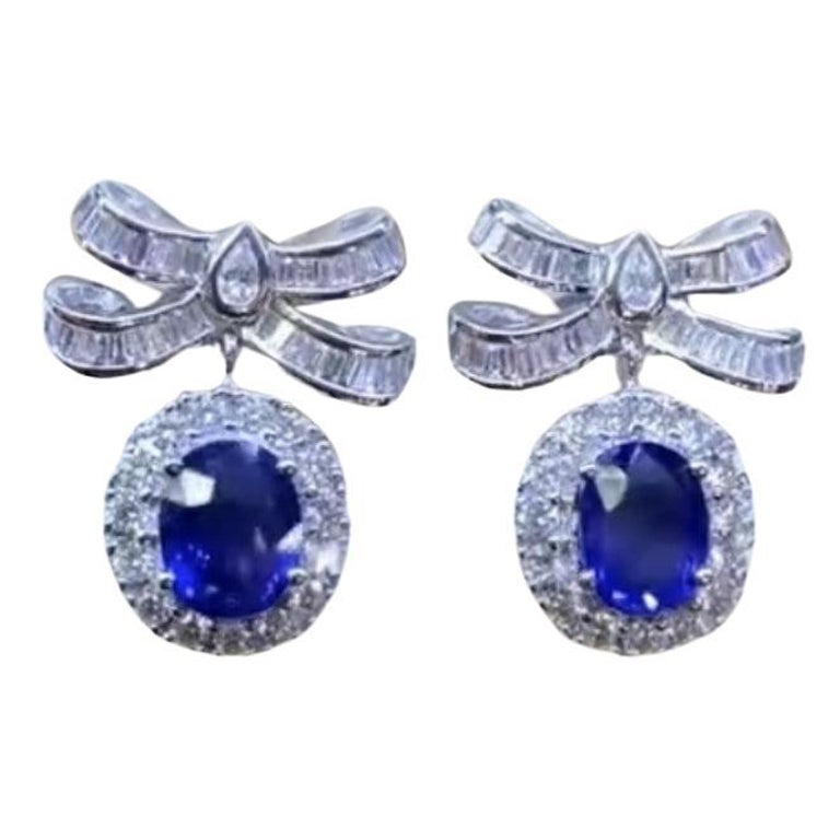 AIG Certified 4.15 Ct Ceylon Sapphires  2.40 Ct Diamonds 18K Gold Earrings
