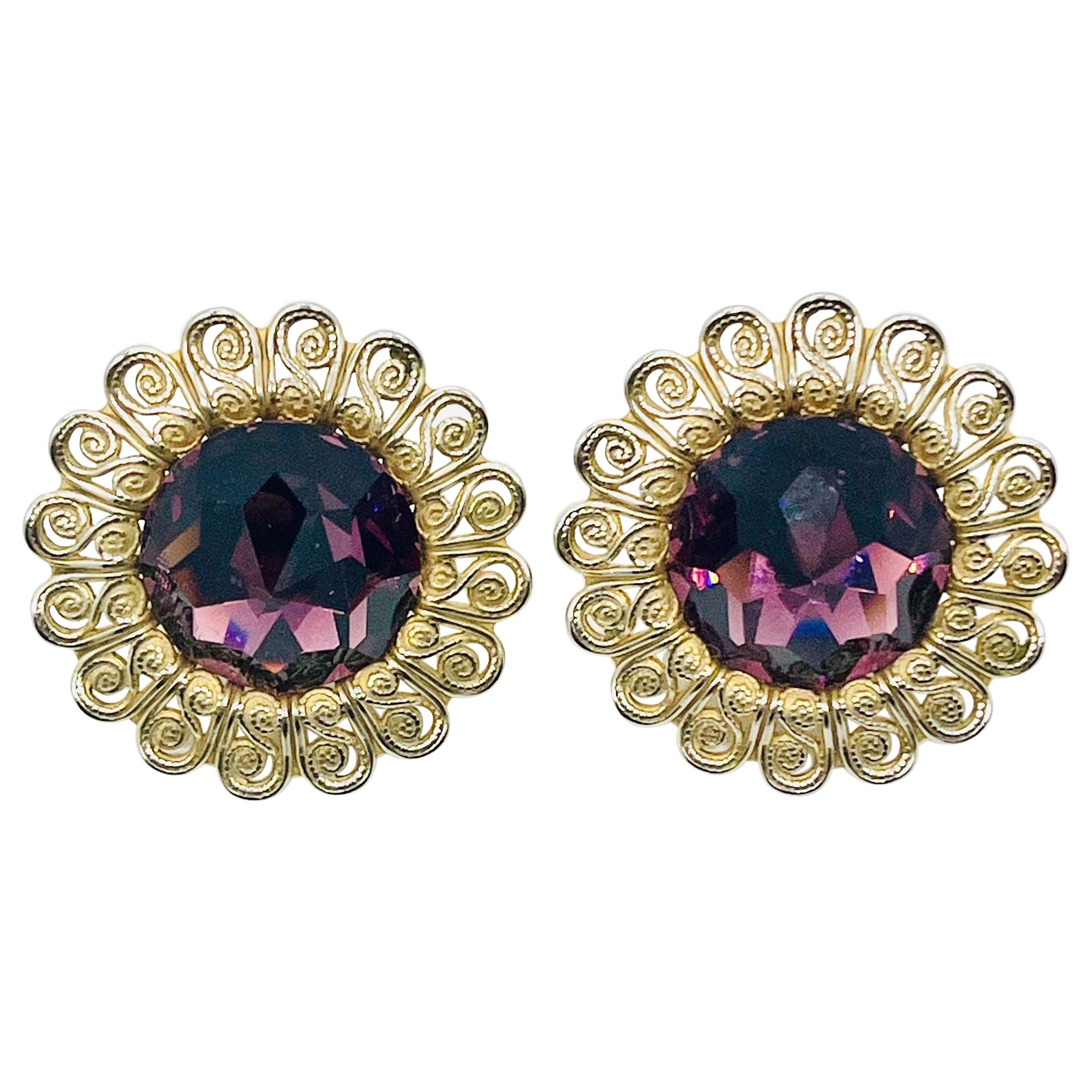 Art Nouveau Purple Rivoli Crystal Pinwire Halo Sunflower Clip Earrings For Sale
