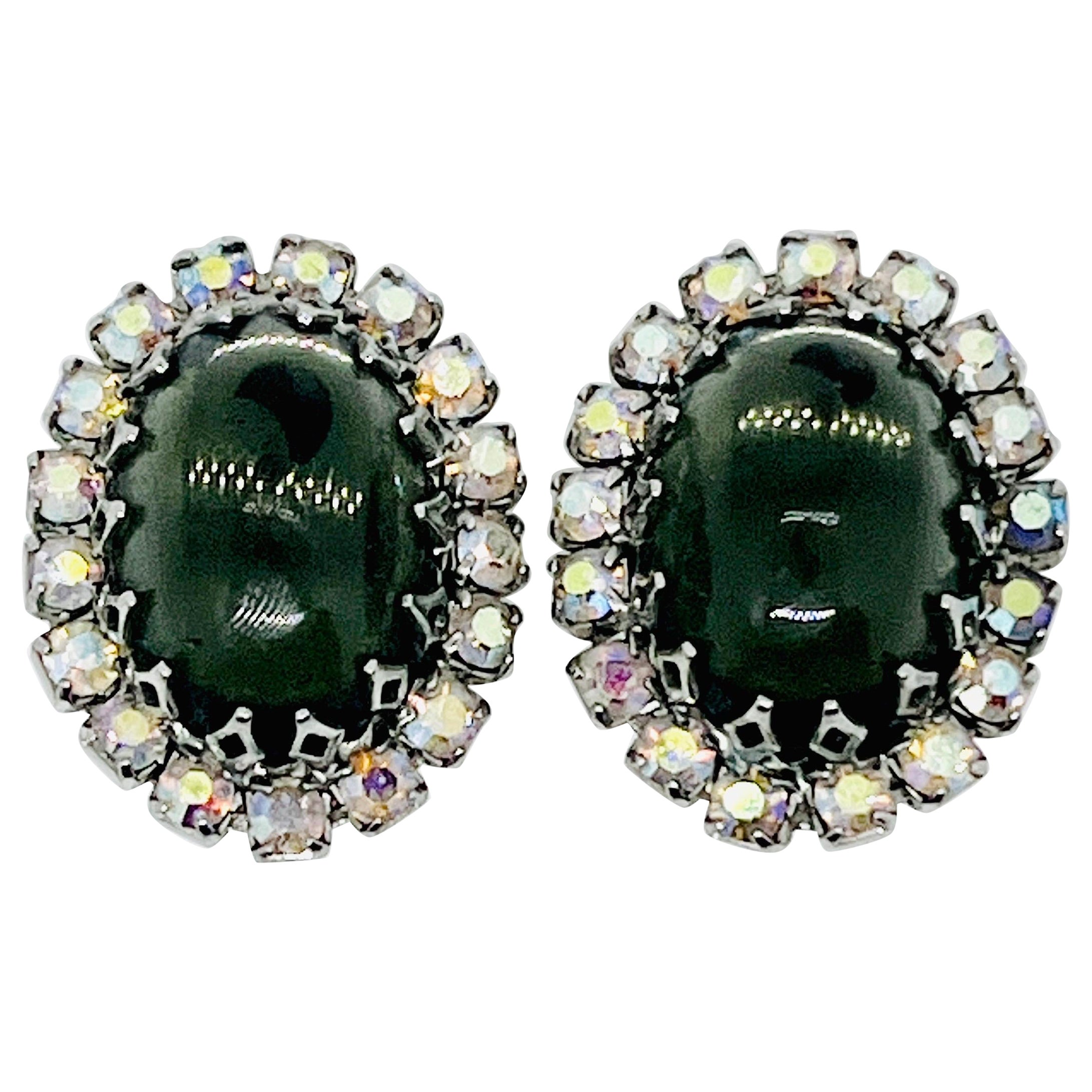 Regal Greenish Grey Oval Dome Cabochon, Aurora Borealis Halo Clip Earrings