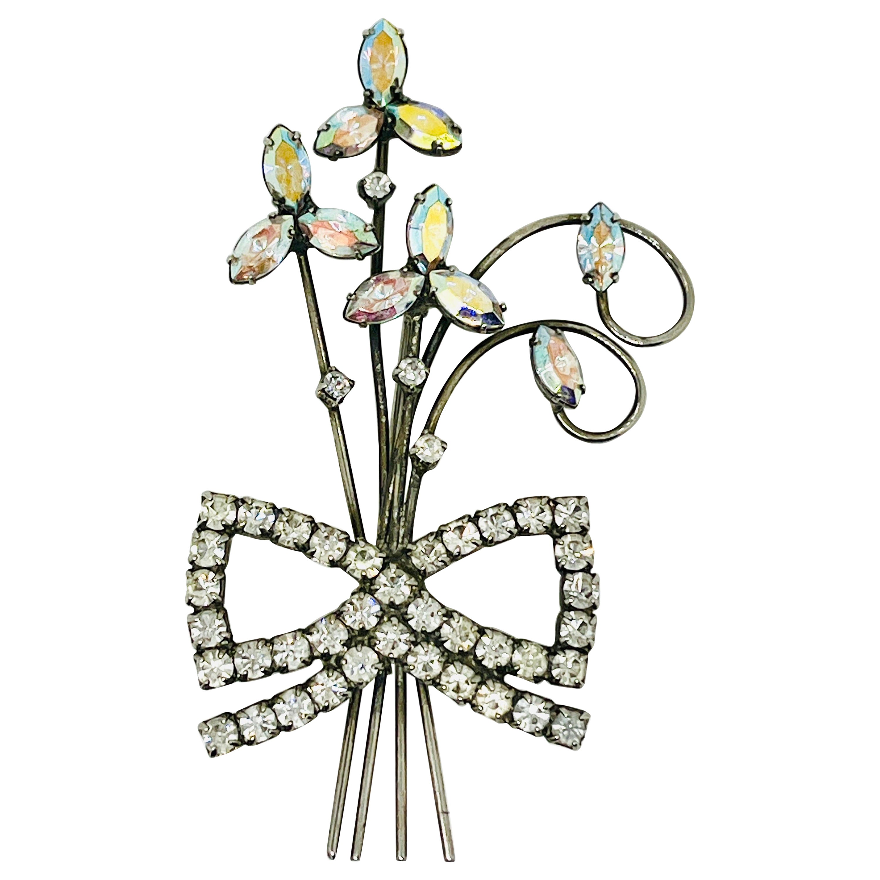 Art Deco Resurgence Three Flower Wire Bouquet with Bow Brooch, Welded Back