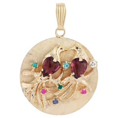 Vintage Gold Amethyst and Semi-Precious Stone Large Lovebirds Disc Charm