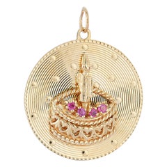Vintage Gold and Pink Sapphire Engine Turned Birthday Cake Charm