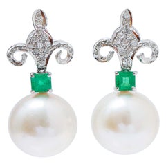 15 Mm White Pearls, Emeralds, Diamonds, Platinum Dangle Earrings.