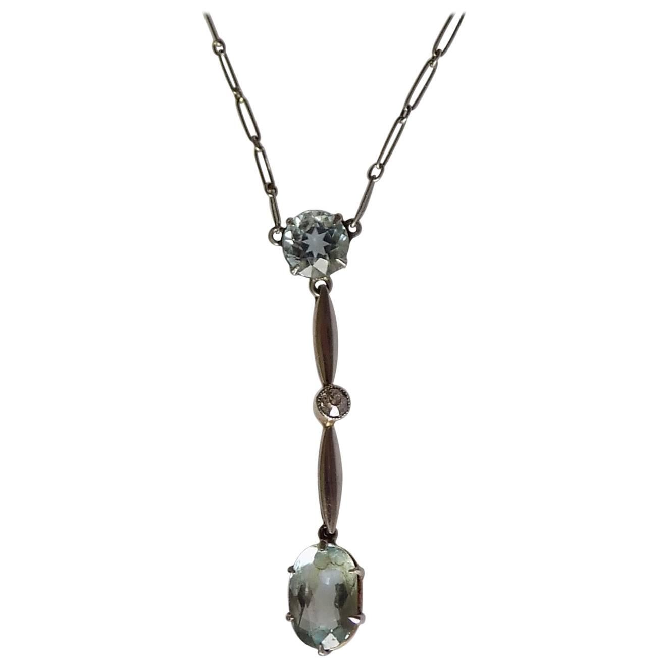 Antique Edwardian Aquamarine Diamond Platinum Lavalier Necklace