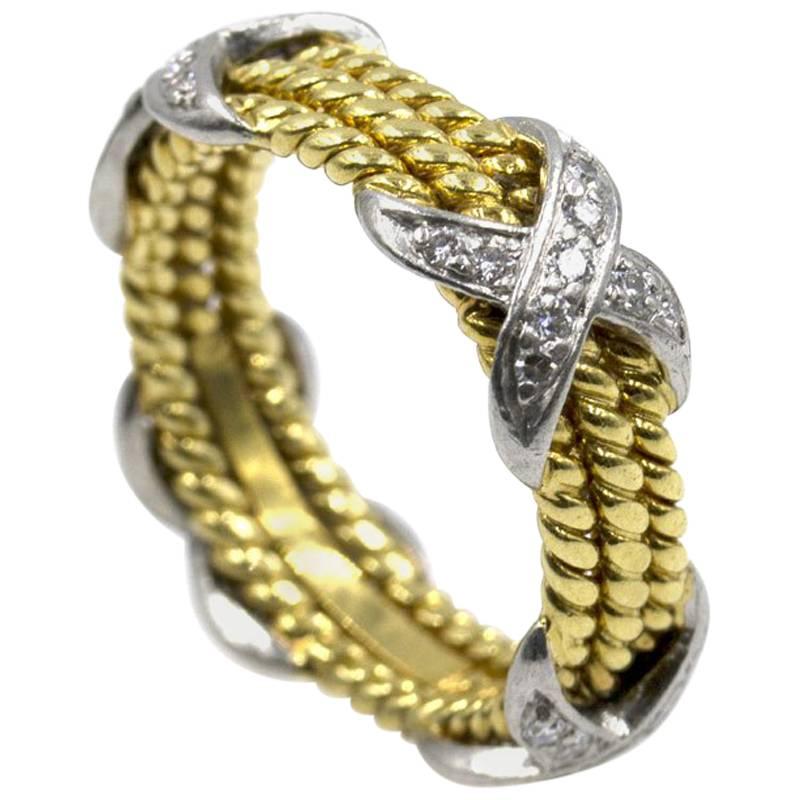 Tiffany & Company Schlumberger Diamond 'X' Three Row 18 Karat Yellow Gold Ring