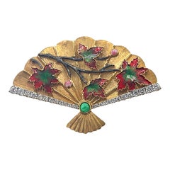 18K Yellow Gold Emerald Chinese Traditional Fan Enameled Brooch Pendant
