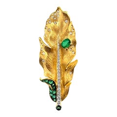 18K Yellow Gold Emerald Leaf Brooch & Pendant with Diamonds