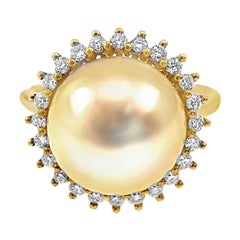 18K Gelbgold Classic 11mm goldener Südseeperlenring mit Diamanten