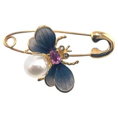 18K Yellow Gold Diamond & Sapphire Bee Paper Clip Brooch Pin