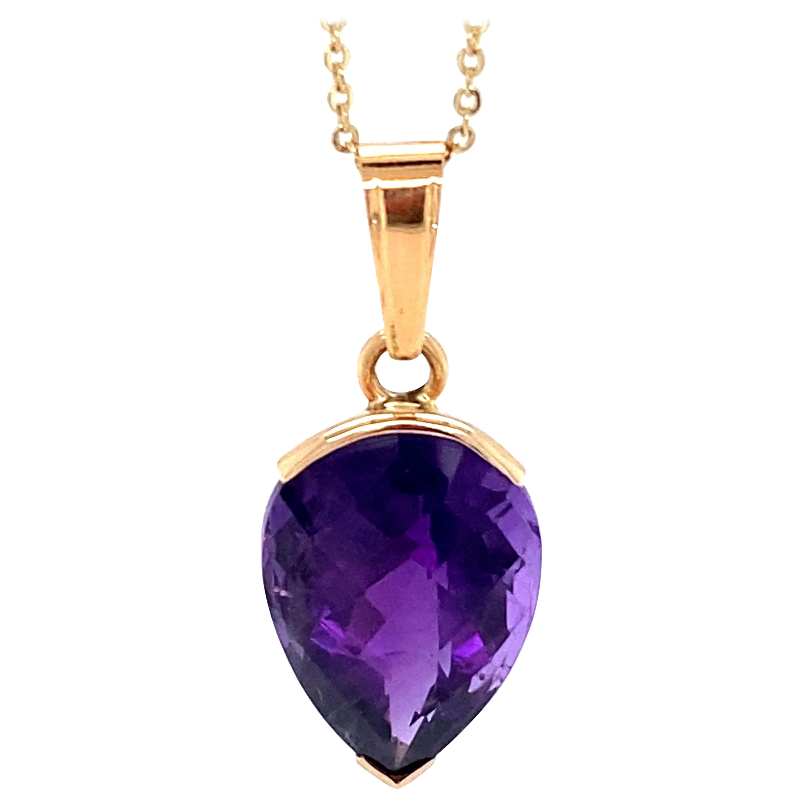 Pear Checker Cut Amethyst Yellow Gold Pendant Necklace