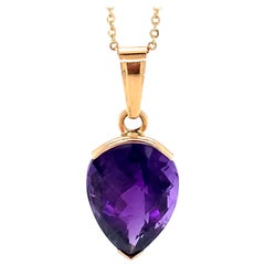 Collier pendentif en or jaune avec améthyste taillée en poire et en damier