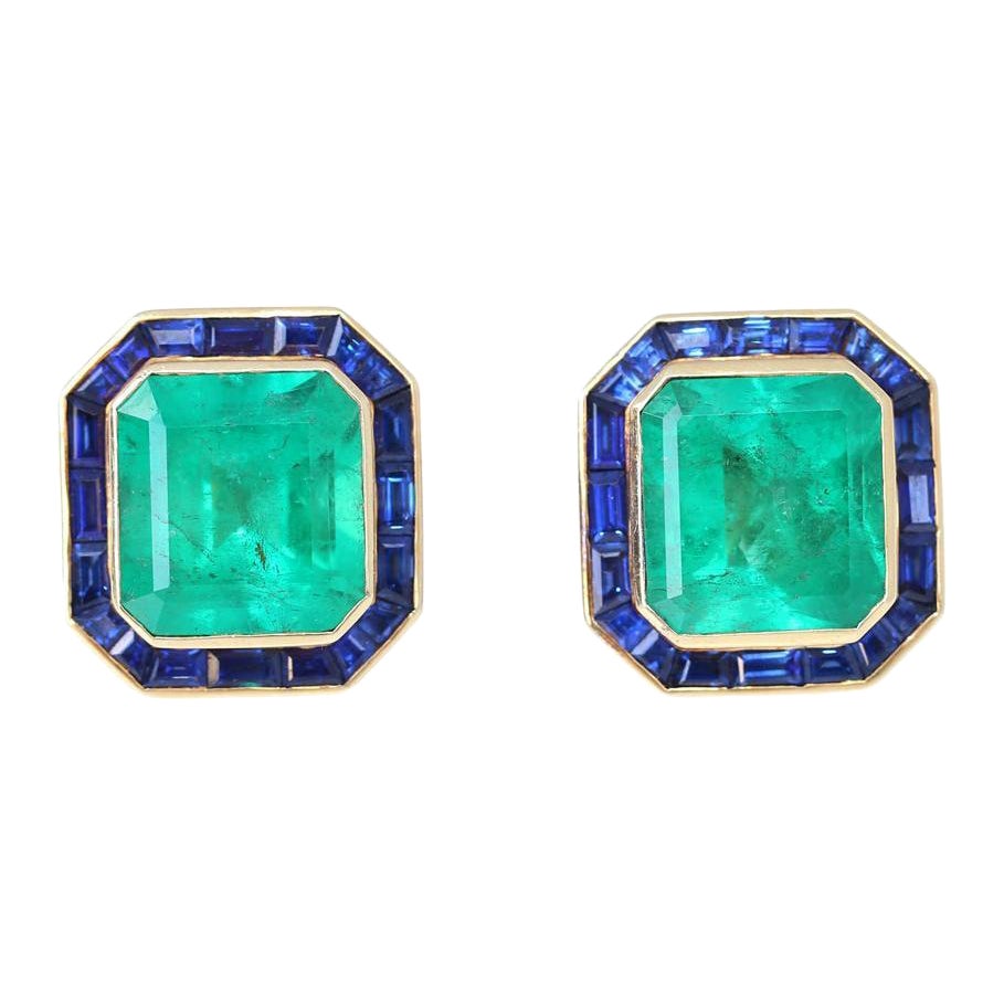 31 Ct Emerald Sapphire Earrings Yellow Gold Certified, 1975 For Sale
